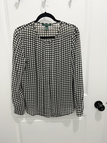 Y2K  Lauren by Ralph Lauren Non-Iron Shirt Size Medium  White Black Houndstooth